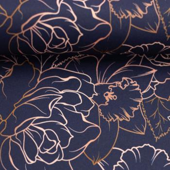 Preview: NANO Softshell Doubleface Fiete Blüten und Blätter Rose/Rost auf Dunkelblau by Swafing